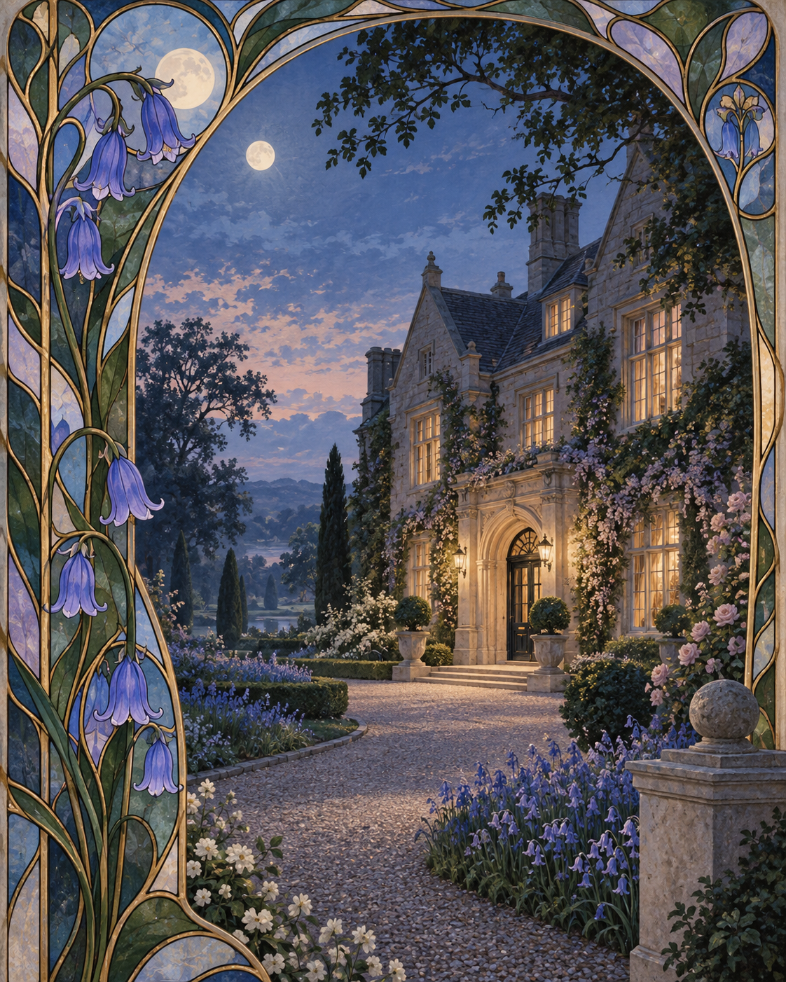 A moonlit manor garden framed by bluebells